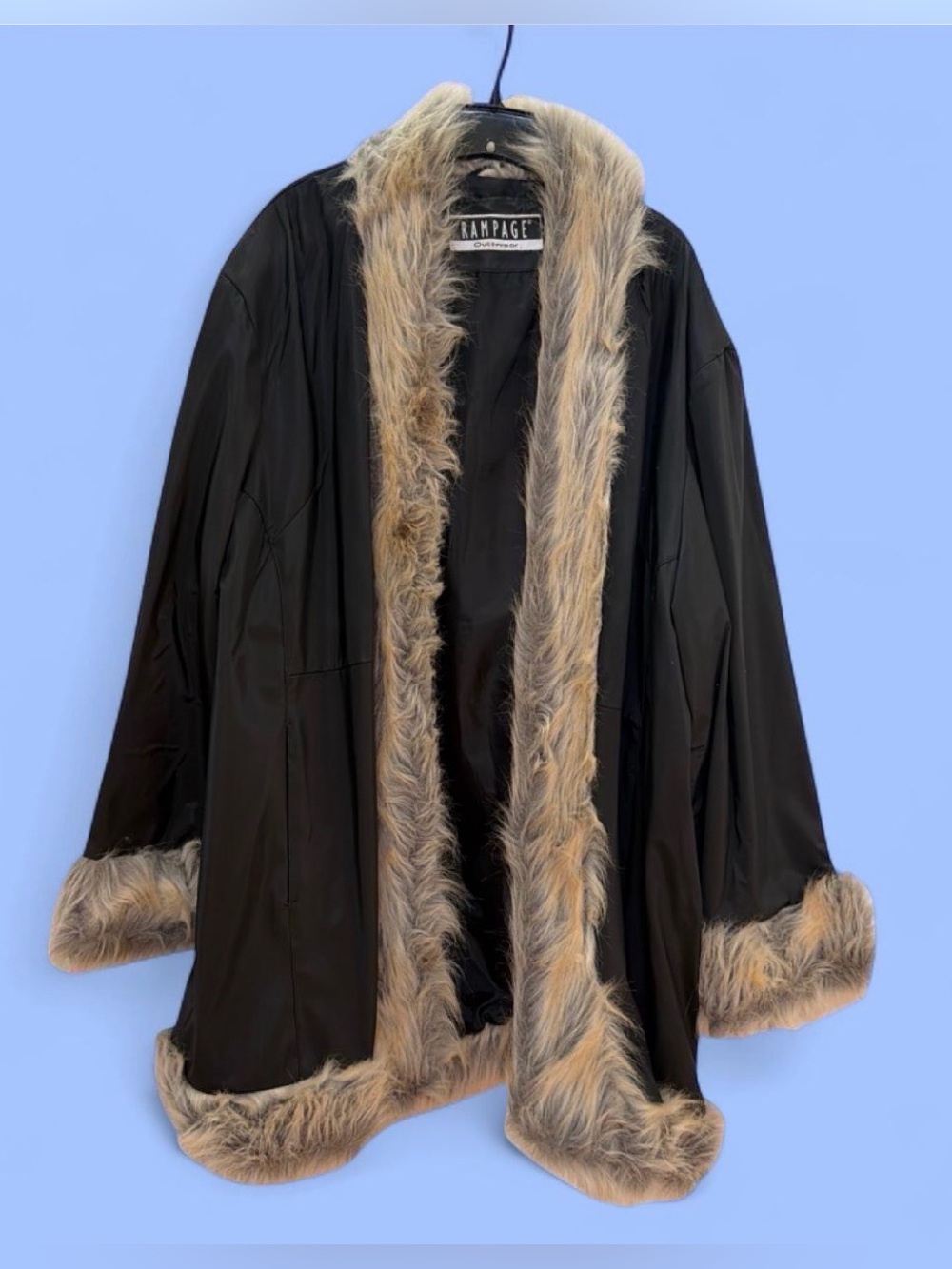 Rampage Y2K Black Faux Fur Trim Nylon/Pleather Over Coat
